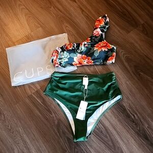 Cupshe Floral One-Shoulder Bikini in Green and Orange